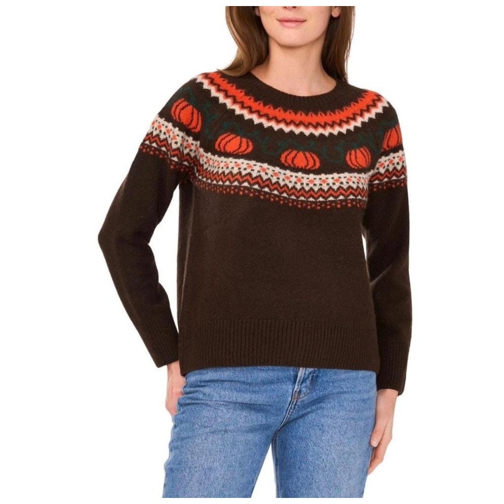 Vince Camuto Brown Fair Isle Pumpkin Sweater Knit Fall Pullover Large Brown